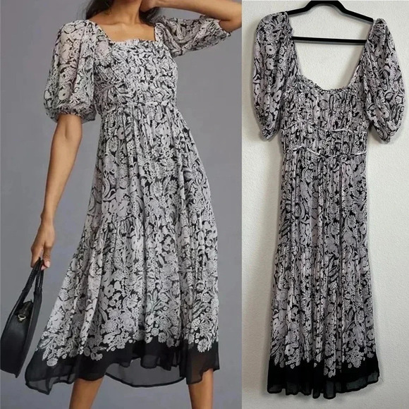 Anthropologie Squareneck Smocked Midi Dress Floral Lavender and Black Small - Picture 1 of 4